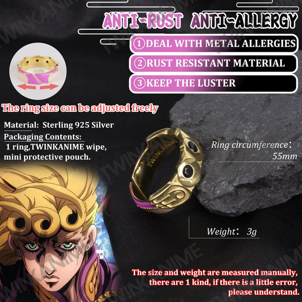 Anime JoJo'S Bizarre Adventure Giorno Giovanna Manga Adjustable S925 Ring - TWINKANIME